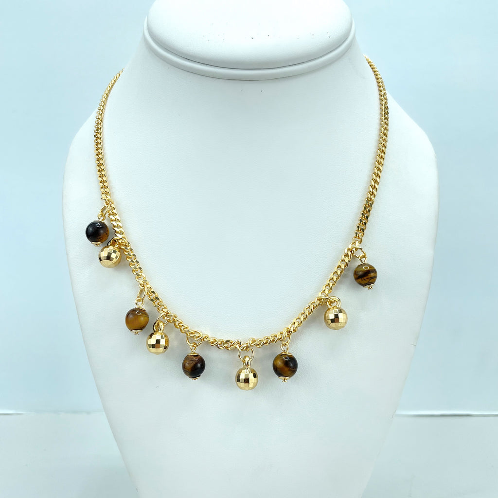 18k Gold Filled Tiger Eyes & Gold Beads Linked Necklace Affordable Set