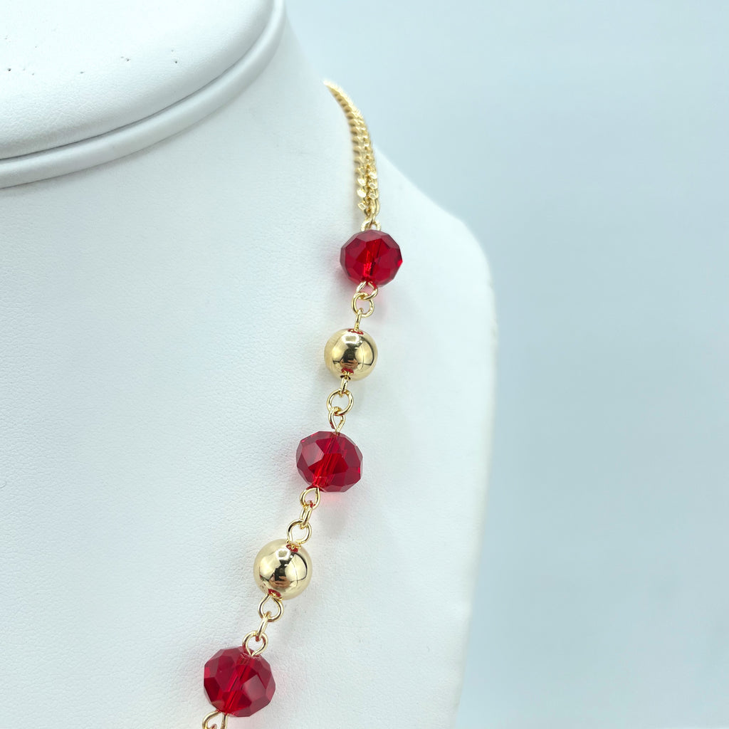 18k Gold Filled Gold Beads & Red Beads Linked Necklace and Earrings Affordable Set