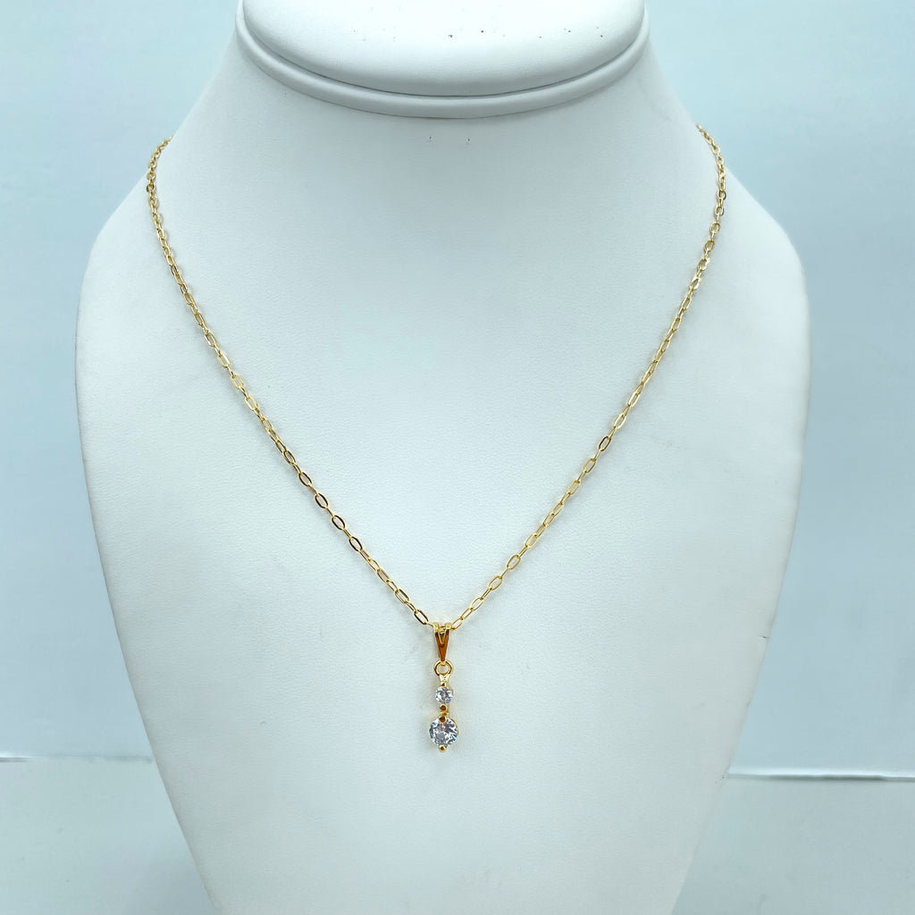 18k Gold Filled 2mm Paperclip Chain Necklace with Double CZ Charm Affordable Set