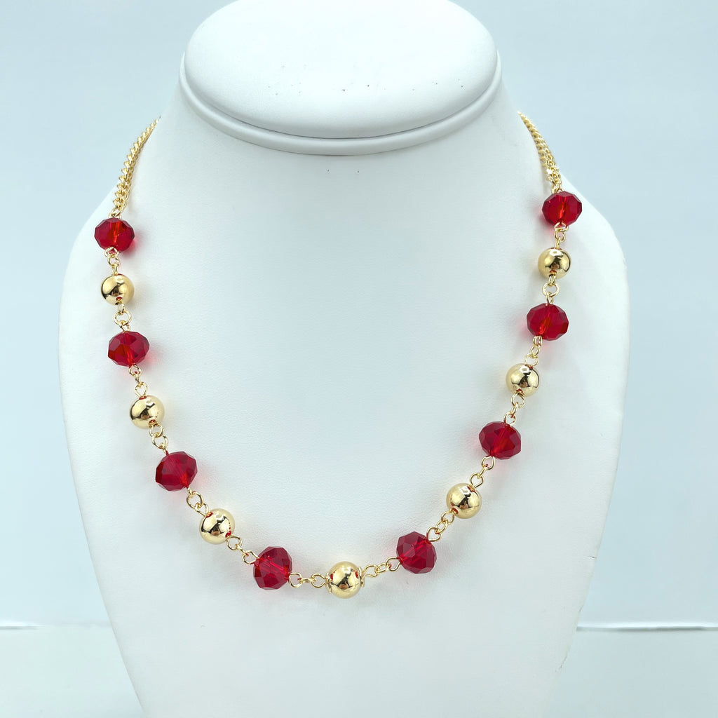 18k Gold Filled Gold Beads & Red Beads Linked Necklace and Earrings Affordable Set
