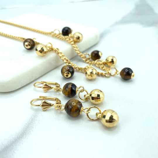 18k Gold Filled Tiger Eyes & Gold Beads Linked Necklace Affordable Set