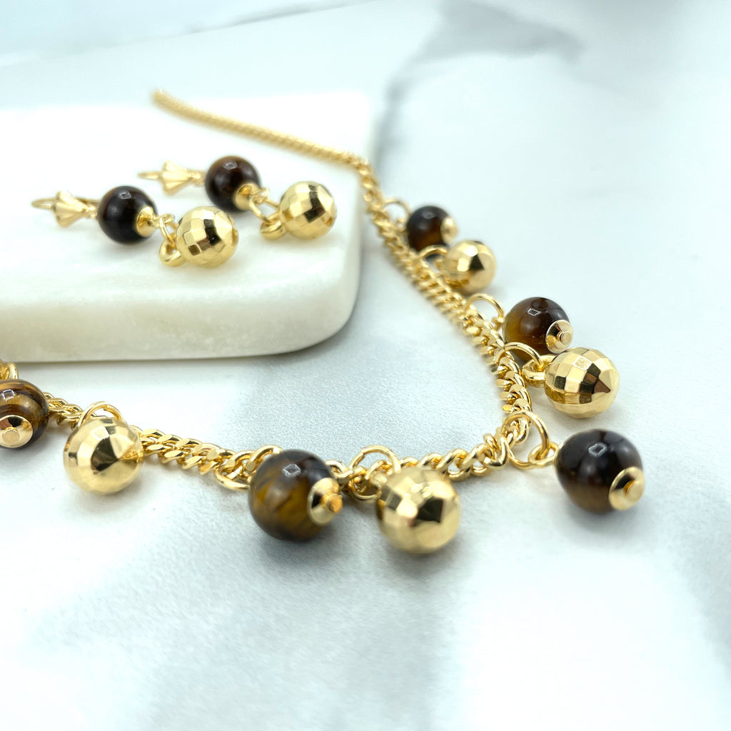 18k Gold Filled Tiger Eyes & Gold Beads Linked Necklace Affordable Set