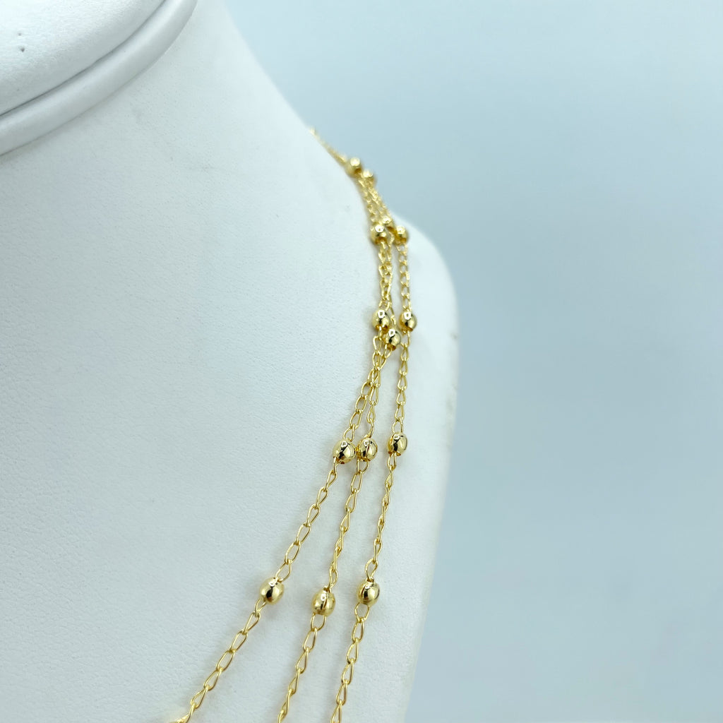 18k Gold Filled 03 Layers Drop Necklaces, Satellite Link Chain Style, Classic Jewelry