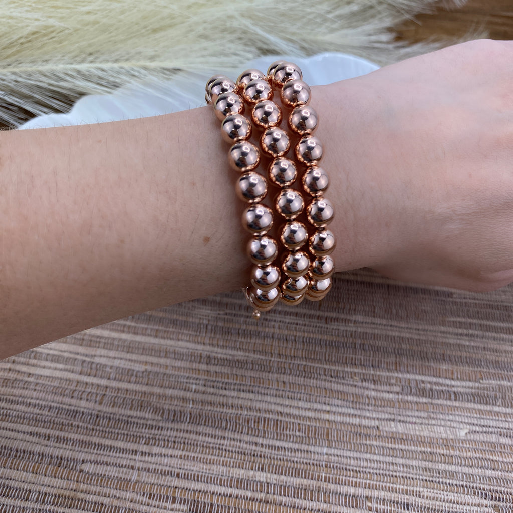 Rose Gold Filled 8mm Beads Beaded Adjustable Bracelet & Stackable Style with Slide Clap