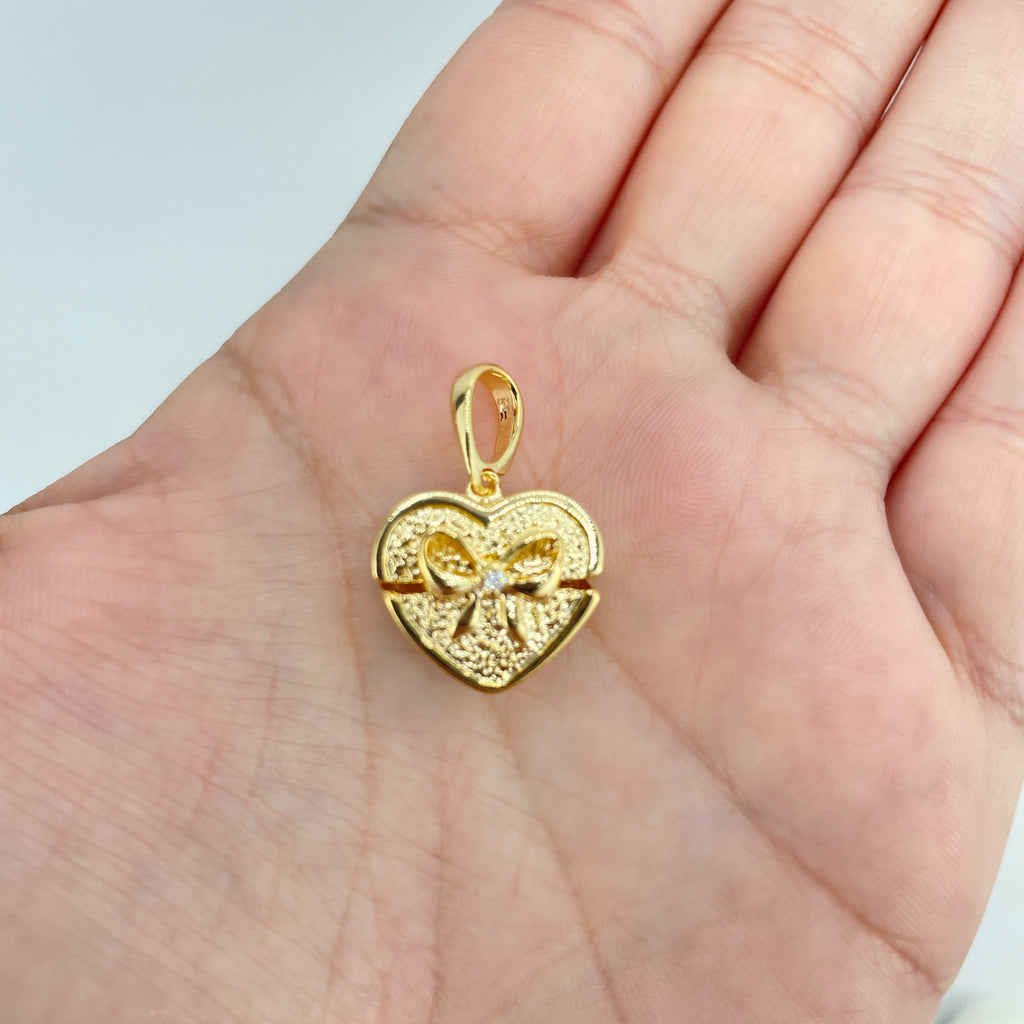 18k Gold Filled Heart Shape Gift Box Charm with Bow and Micro Cubic Zirconia