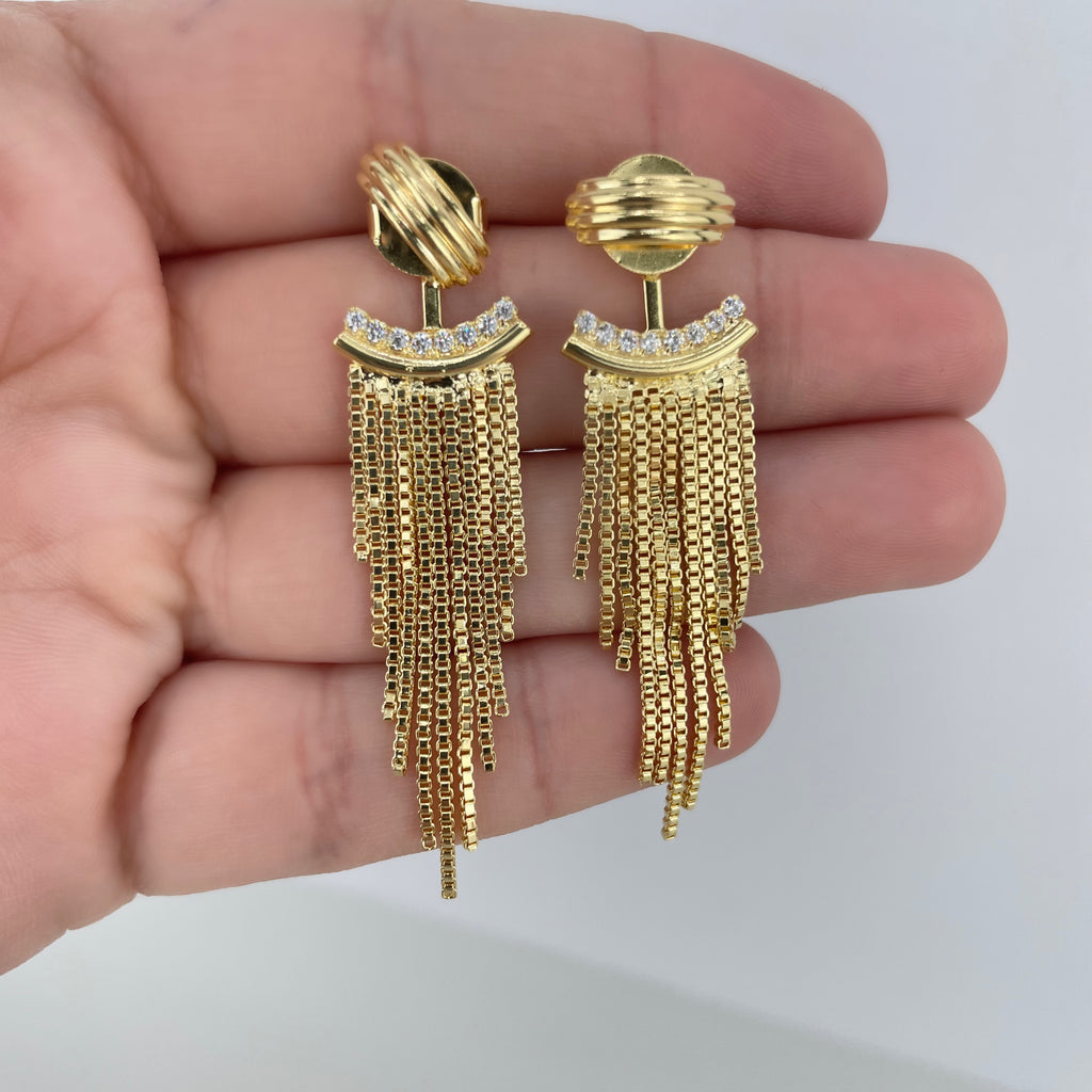 18k Gold Filled Tassel Earrings with Clear Cubic Zirconia & Chain Fringe