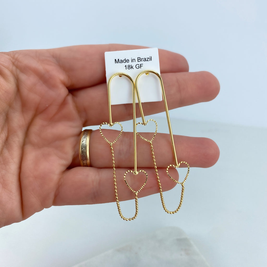18k Gold Filled Paper Clip Pin Shaped Stud Earrings, Pin Earrings with Dangle Double Hearts