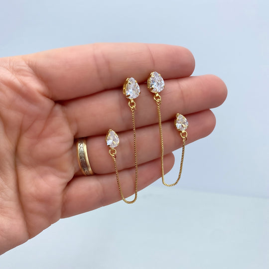 18k Gold Filled Clear Pears Zirconia Double Pierced Chain Drop Earrings