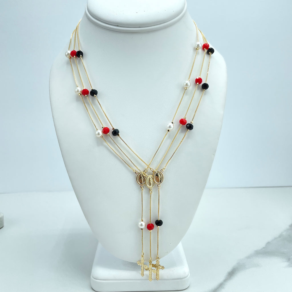 18k Gold Filled Red, Black or Pearls Virgen La Milagrosa Beaded Rosary