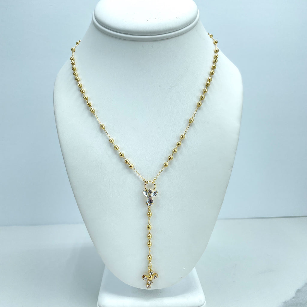 18k Gold Filled Gold Beads Rosary 17.5" Necklace with Cubic Zirconia Little Angel & Cross