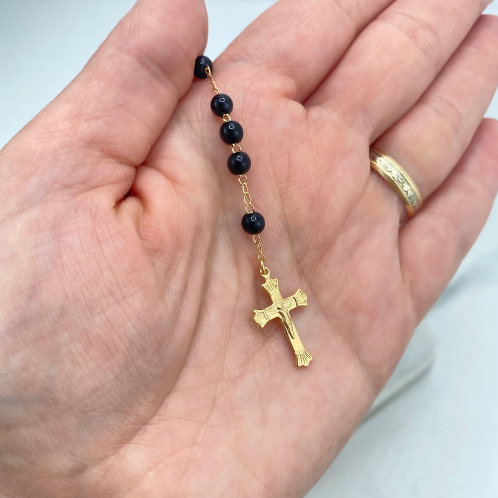 18k Gold Filled Black Beads Beaded Saint Benedict Rosary