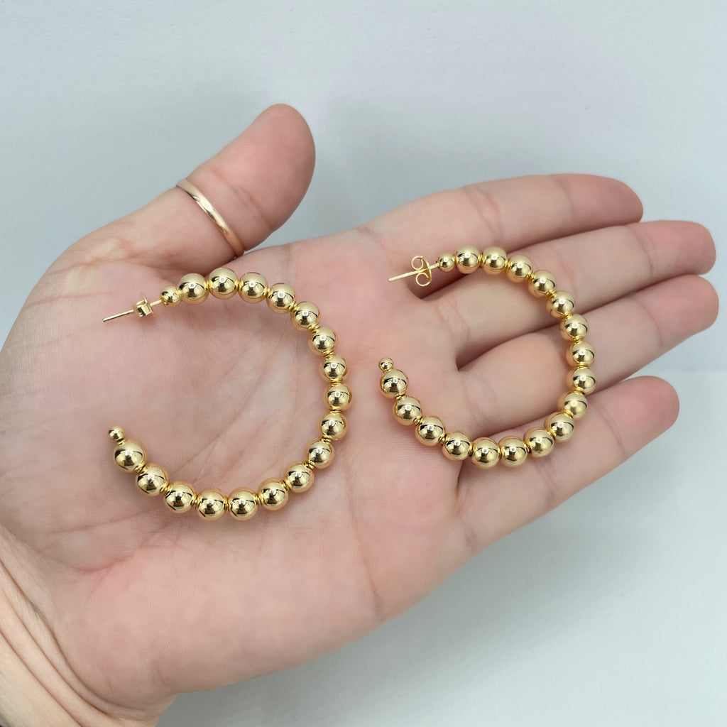 18k Gold Filled 45mm Beaded Hoop, Ball Gold Beads C-Hoop Earrings
