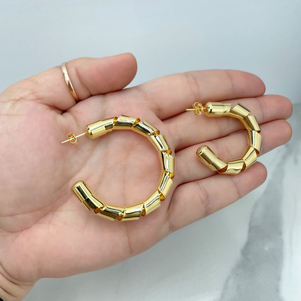 18k Gold Filled Spiral Design Open Earrings, 47mm or 33mm C-Hoop Twisted Earrings