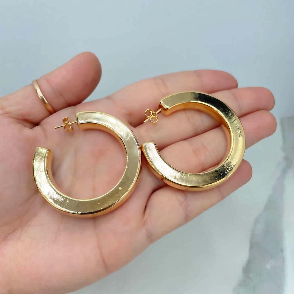 18k Gold Filled Squared C-Hoop Earrings 46mm 7mm, Flat Hoop Earrings
