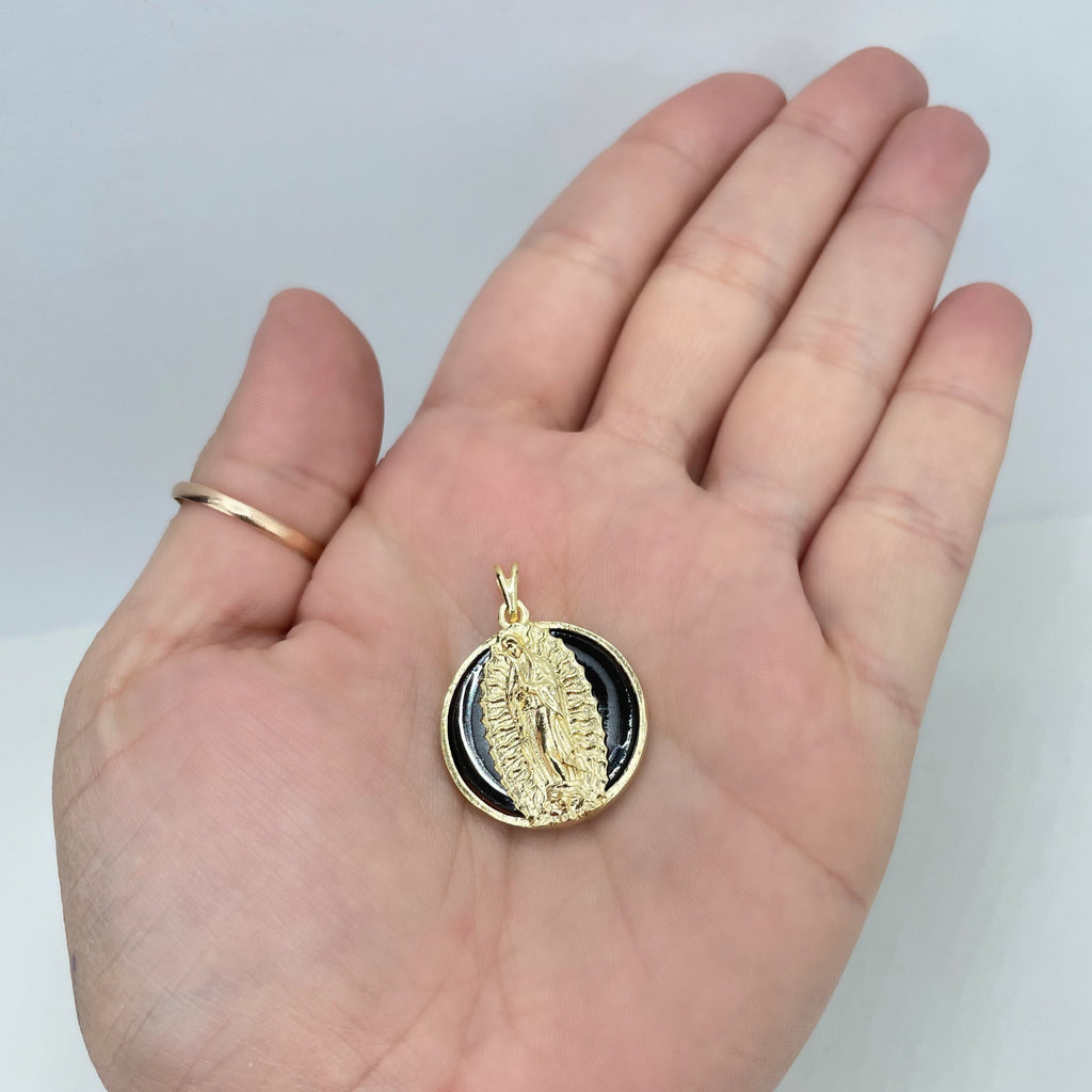 18k Gold Filled Texturized Our Lady of Guadalupe Medal Pendant with Black Enamel