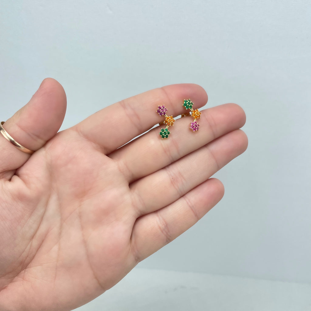 18k Gold Filled Purple, Orange and Green Cubic Zirconia Three Flower Shapes Stud Earrings