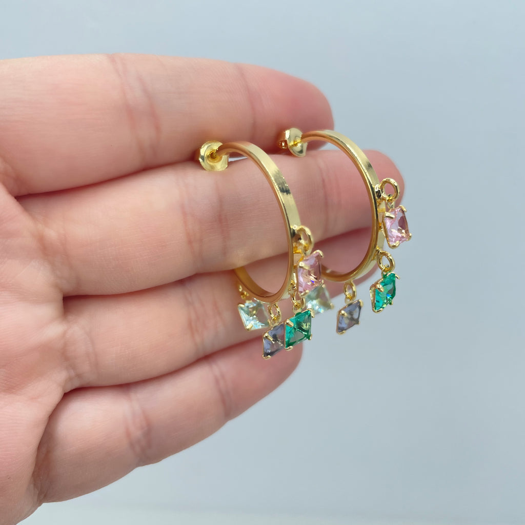 18k Gold Filled 26mm C-Hoop with Dangle Multicolor Cubic Zirconia, Pink, Green, Purple & Blue