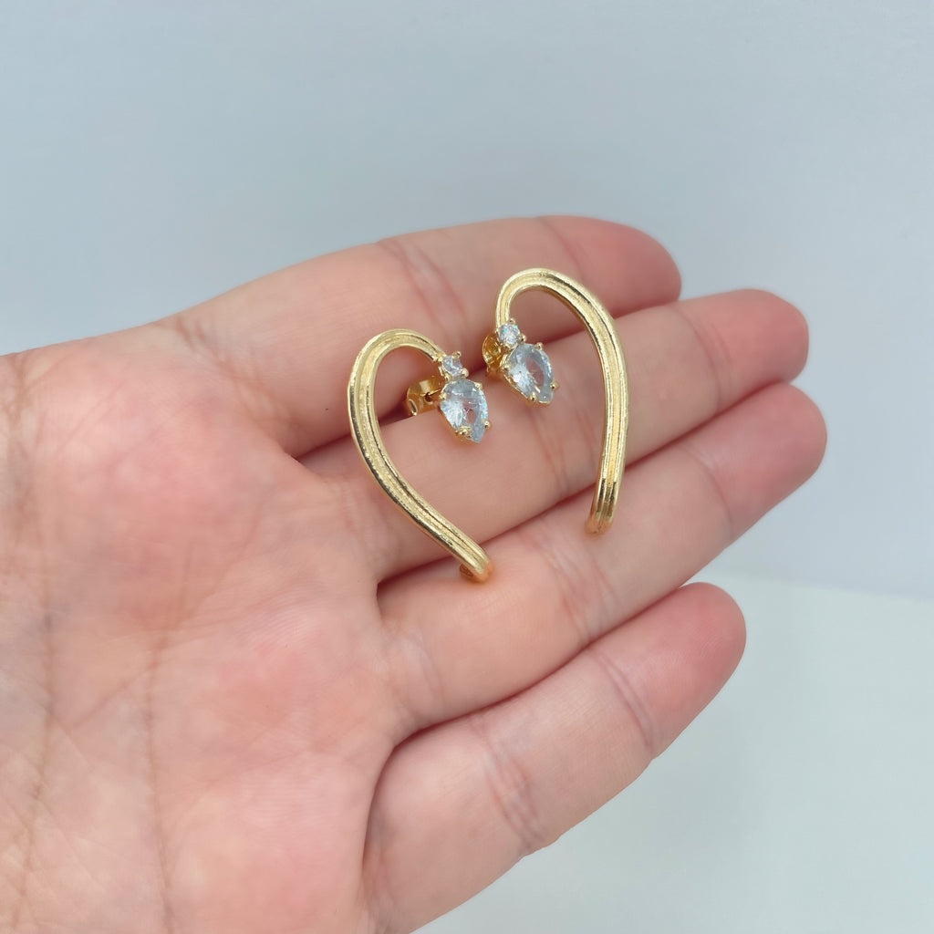 18k Gold Filled Cuff Shape Earrings, Cubic Zirconia Detail C Shape Stud Earrings