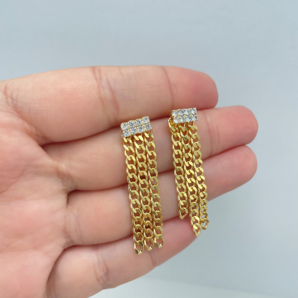 18k Gold Filled Curb Link Chain Tassel Earrings with Rectangular Clear Cubic Zirconias,Top