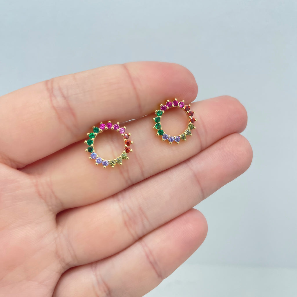 18k Gold Filled Circle Shape Stud Earrings Featuring Multicolor Micro Pave Zirconia