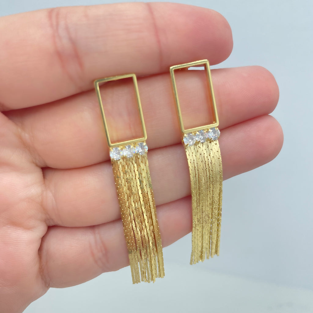 18k Gold Filled Tassel Earrings with Clear Cubic Zirconia and Cutout Rectangle on Top