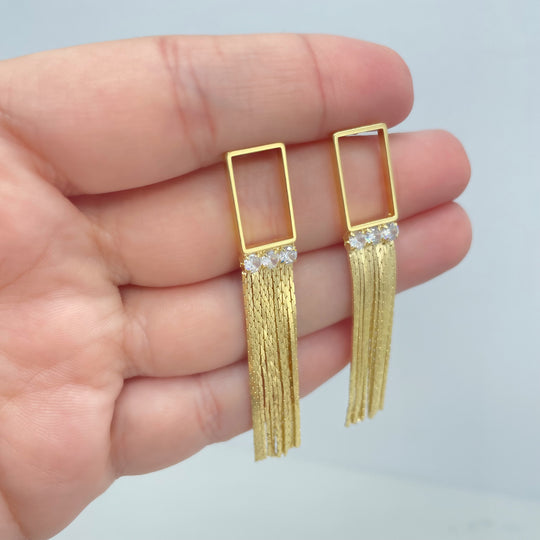 18k Gold Filled Tassel Earrings with Clear Cubic Zirconia and Cutout Rectangle on Top