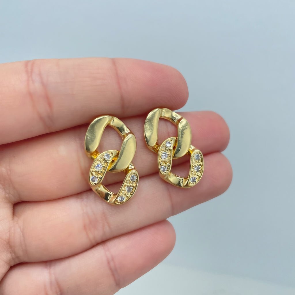 18k Gold Filled Drop Stud Earrings Featuring Micro Pave Cubic Zirconia, Curb Link Style