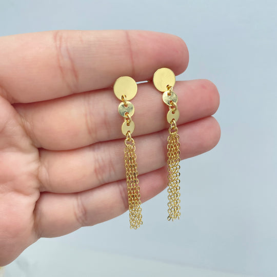 18k Gold Filled Tassel Earrings with Rolo Link Chain and Polished Flat Circles on Top