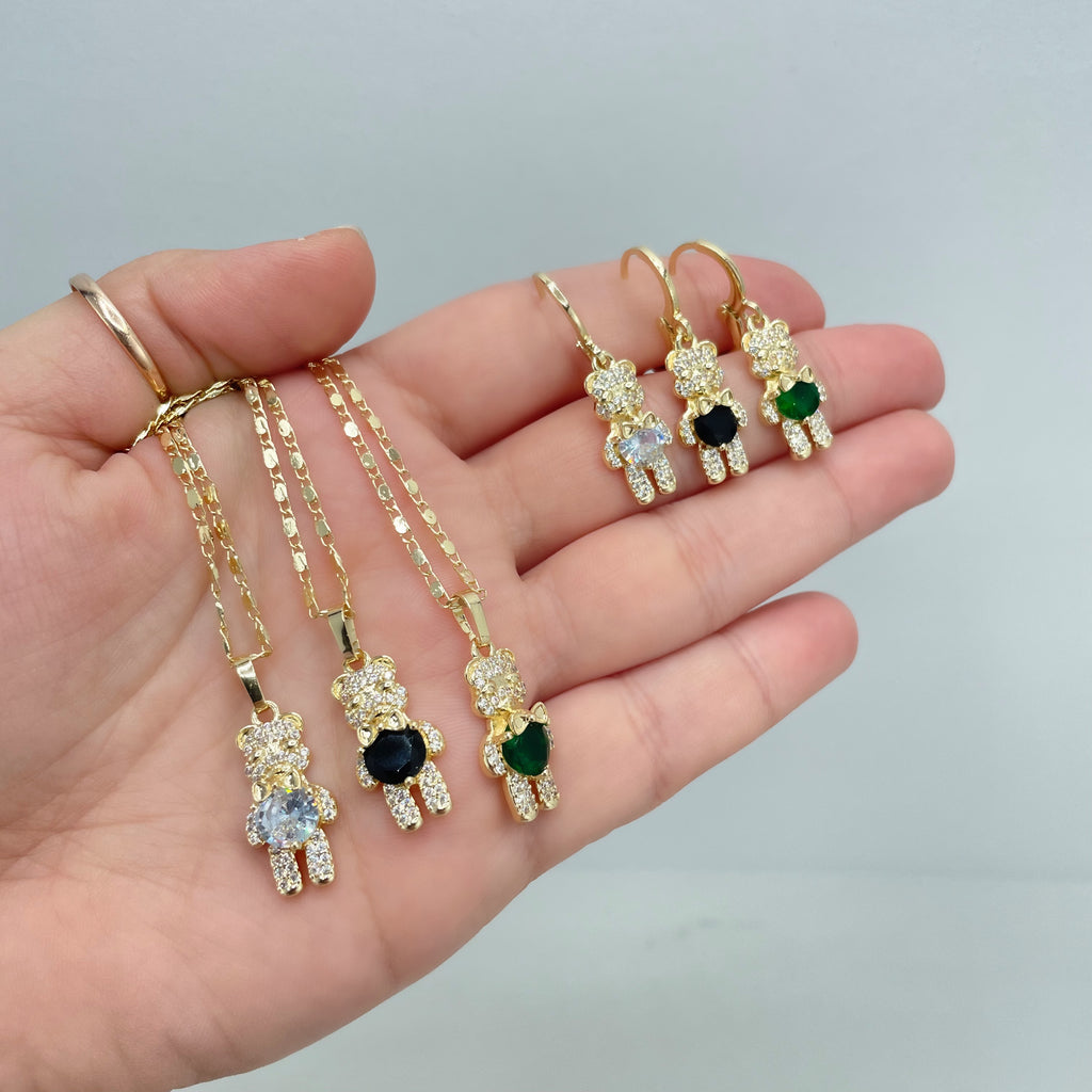 18k Gold Filled Micro CZ Teddy Bear Necklace & Huggie Earrings Set | Clear, Green, Black