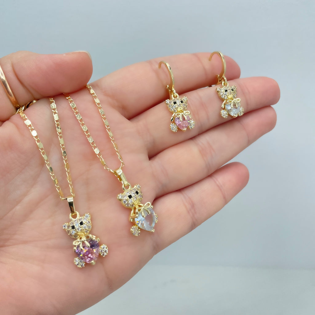 18k Gold Filled Micro CZ Teddy Bear Necklace & Huggie Earrings Set | Clear or Pink Heart