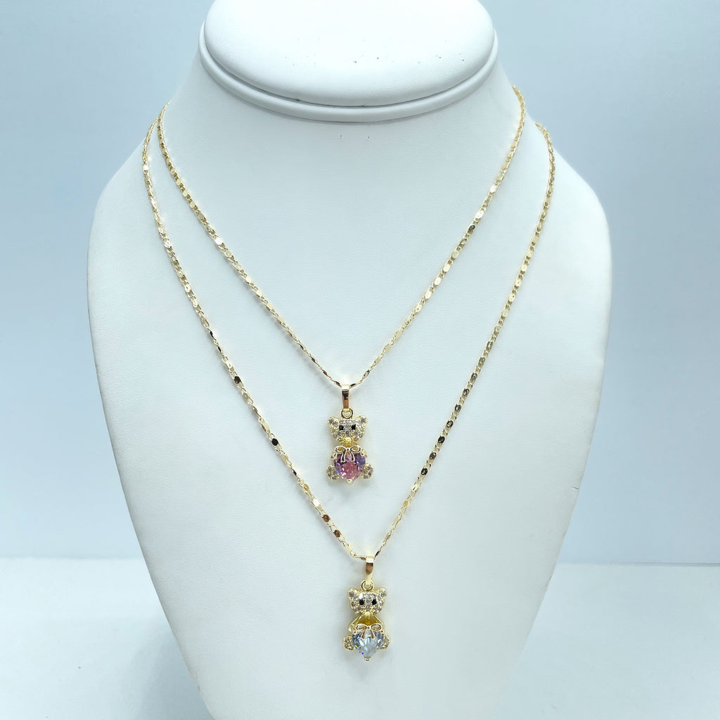 18k Gold Filled Micro CZ Teddy Bear Necklace & Huggie Earrings Set | Clear or Pink Heart