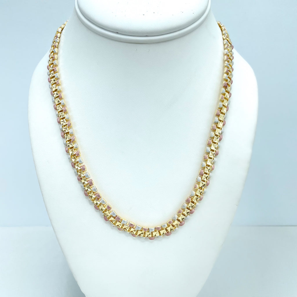 18k Gold Filled Tri-Tone Texturized Squares Linked Chain Necklace