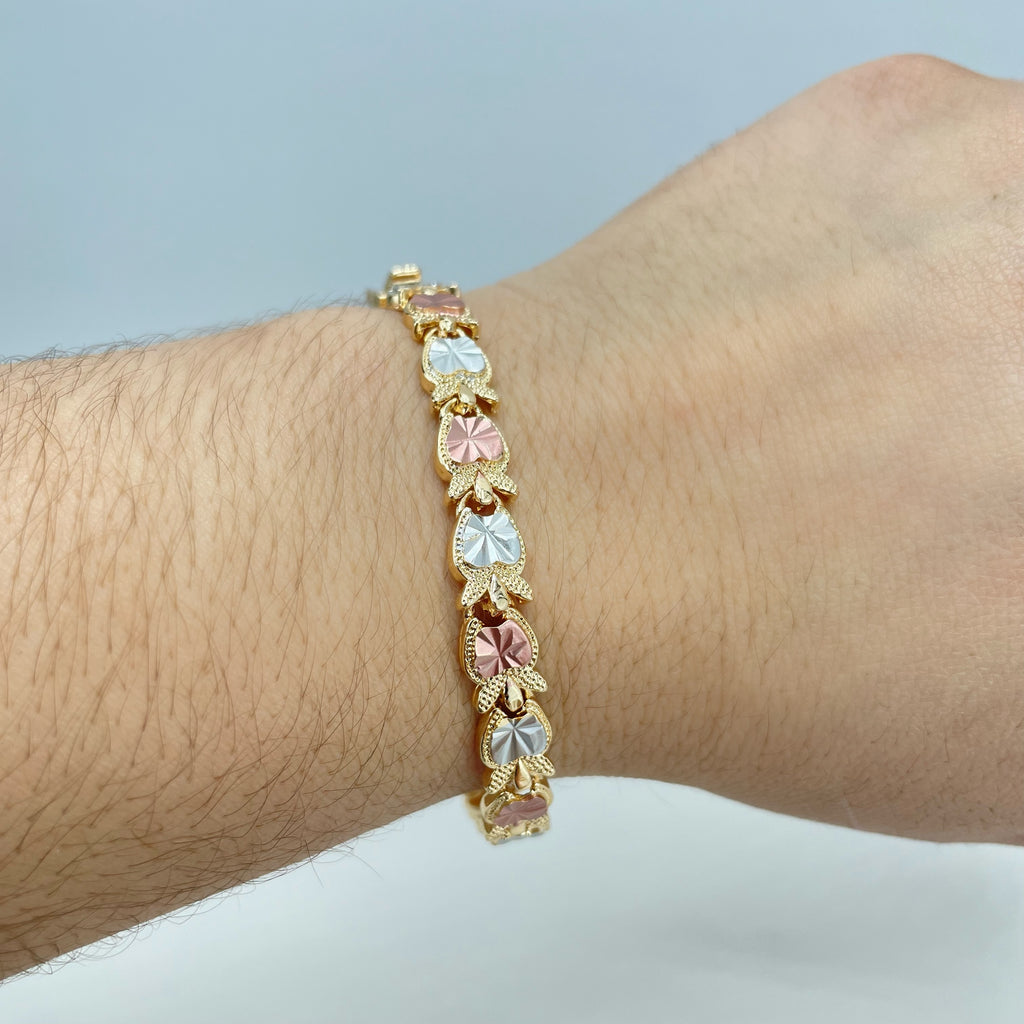 18k Gold Filled Tri-Tone Apple Heart Shape Linked Chain Bracelet, Tri-Color Bracelet