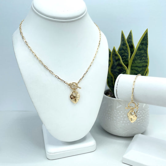 18k Gold Filled 1mm Paperclip Chain with Heart Lock Shape Charm Necklace or Bracelet Set