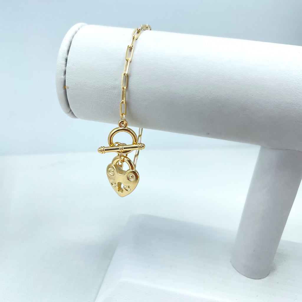 18k Gold Filled 1mm Paperclip Chain with Heart Lock Shape Charm Necklace or Bracelet