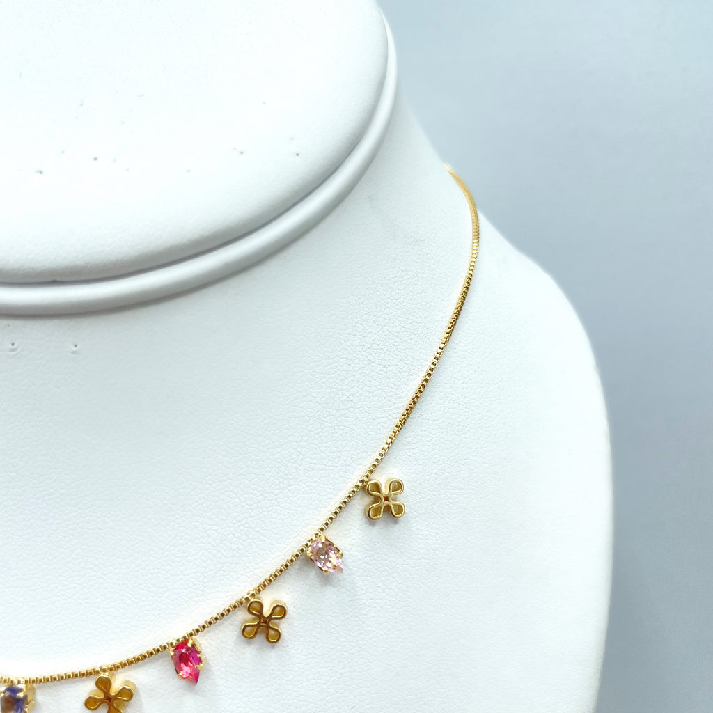 18k Gold Filled Box Chain, Signature Cross Charms & Multi-Color Pears Flowers Zirconias