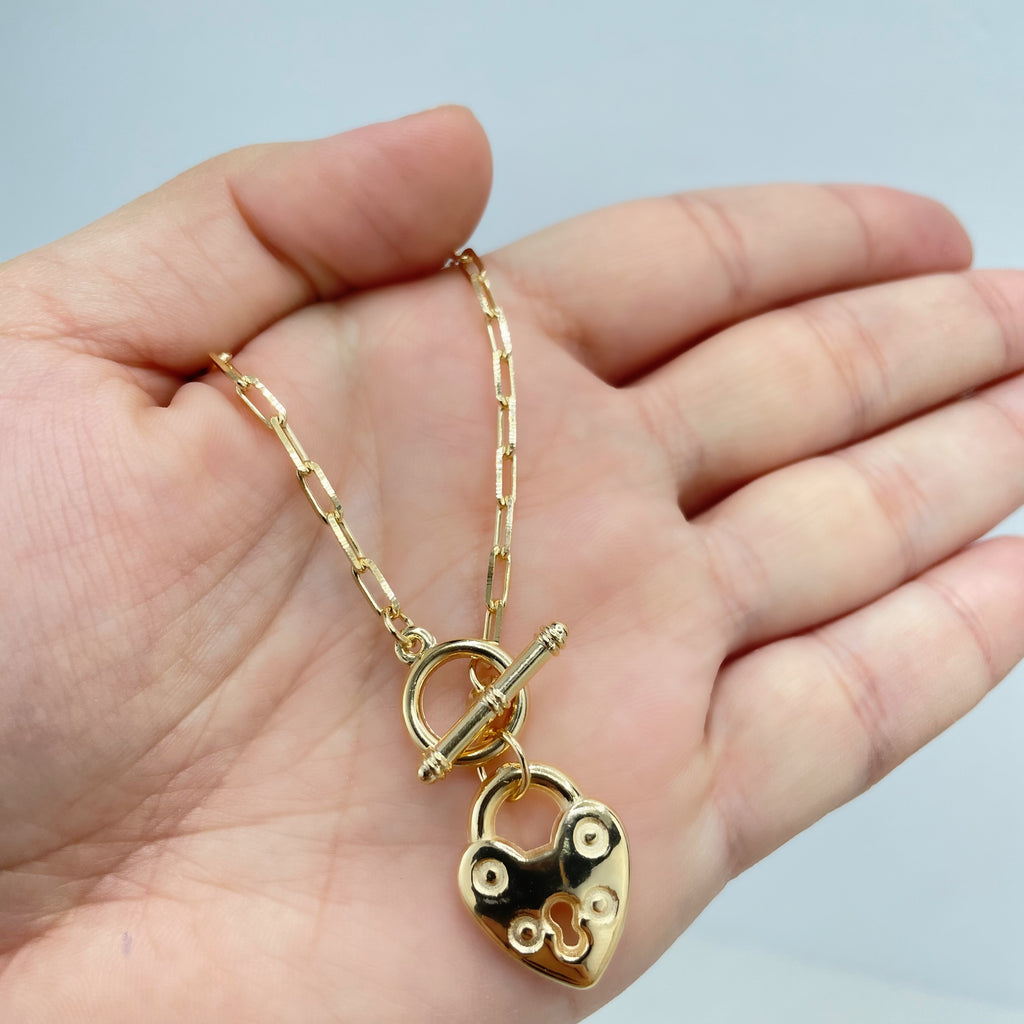 18k Gold Filled 1mm Paperclip Chain with Heart Lock Shape Charm Necklace or Bracelet