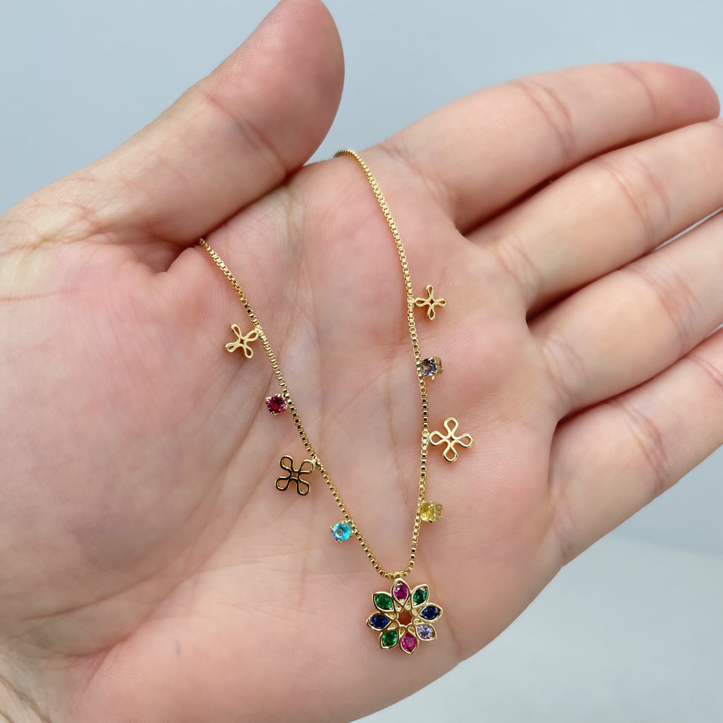 18k Gold Filled Box Chain, Signature Cross Charms, Multi-Color Round & CZ Flower