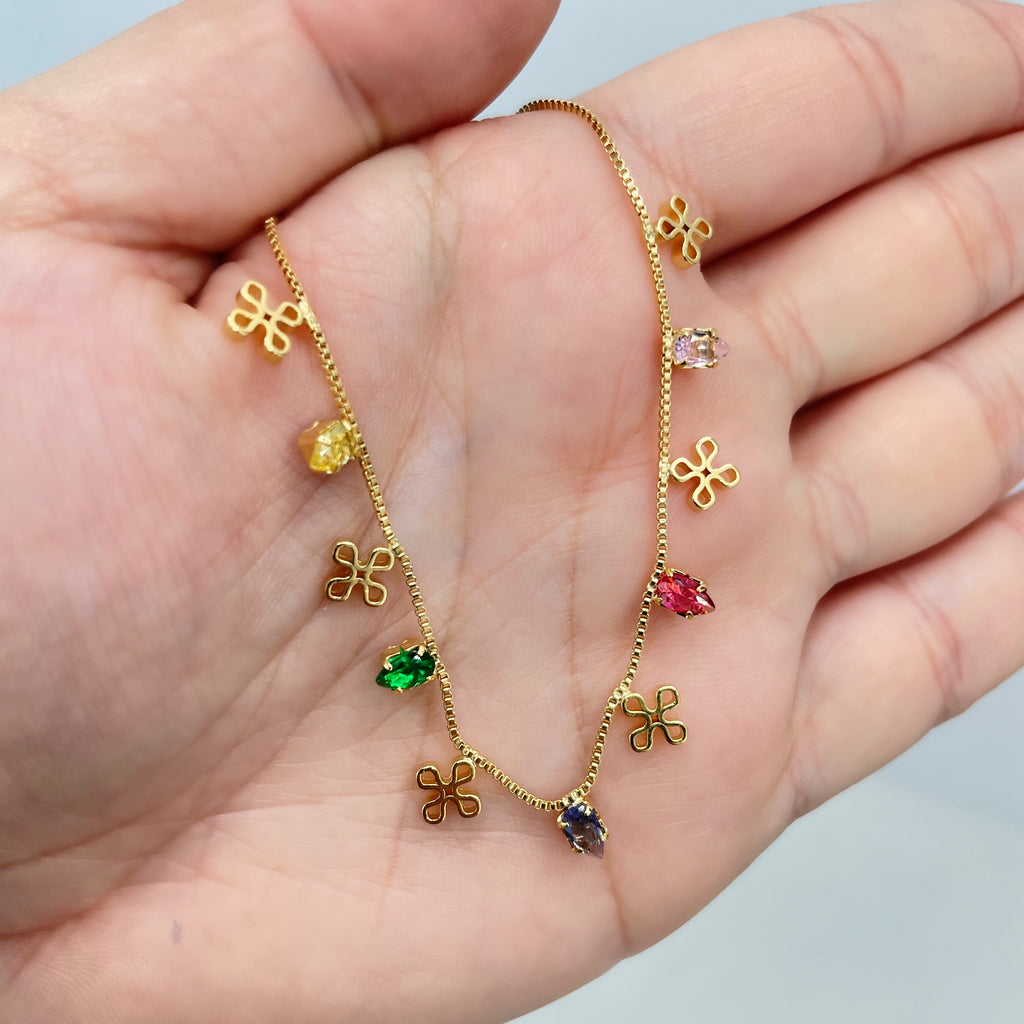 18k Gold Filled Box Chain, Signature Cross Charms & Multi-Color Pears Flowers Zirconias
