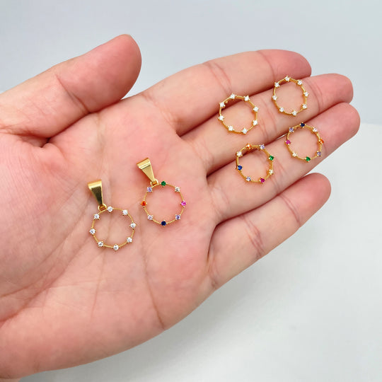 18k Gold Filled Earrings and Charm Set featuring Clear or Multi-Color Micro CZ