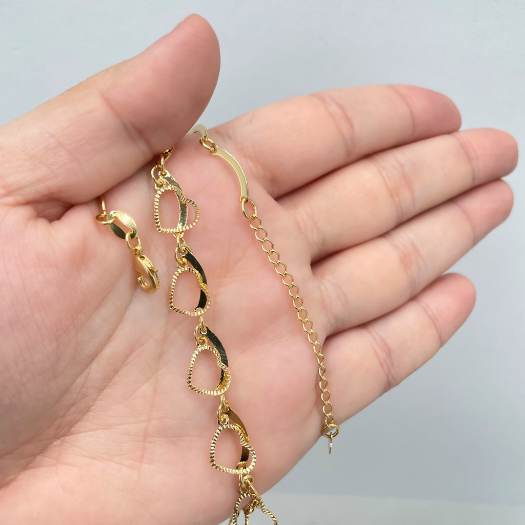 18k Gold Filled Specialty Chain with Dangle Cutout Texturized Hearts Charms