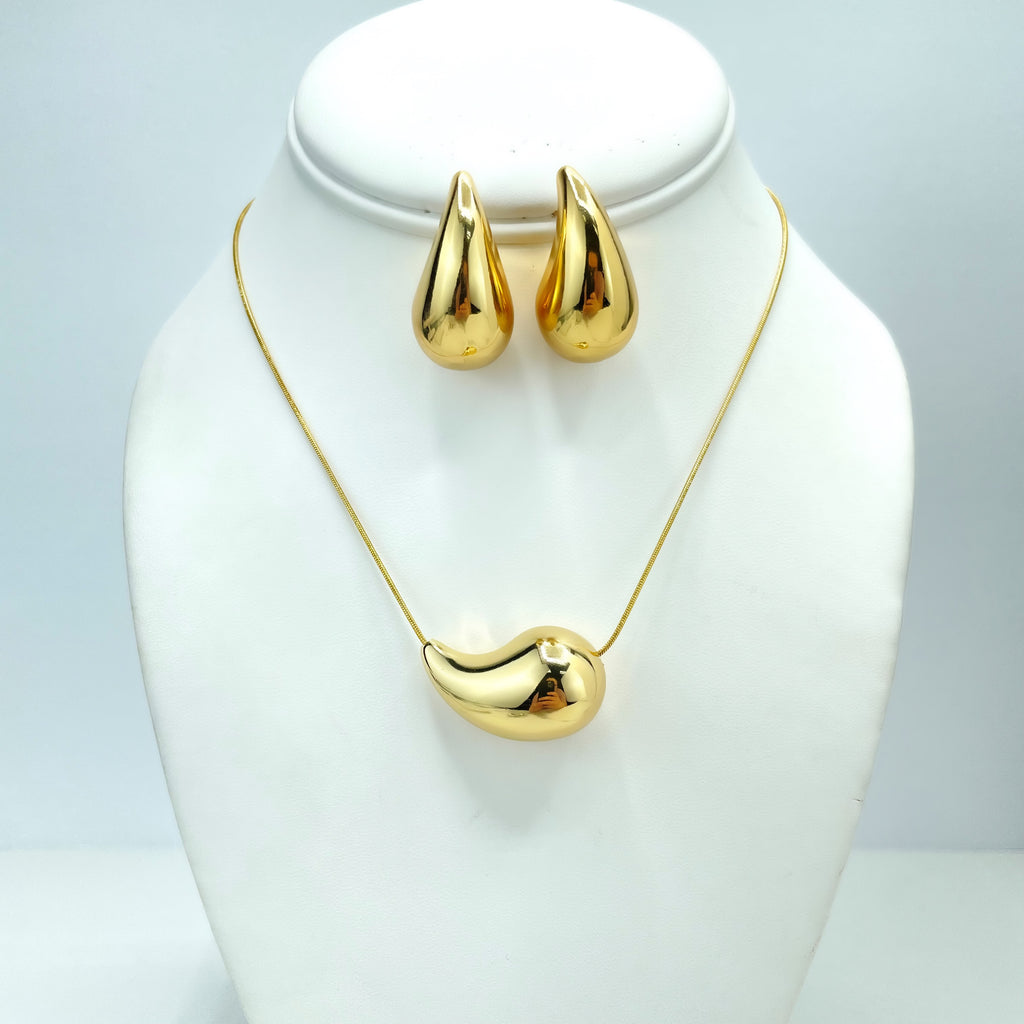 18k Gold Filled 31mm Gold Dome Earrings & Box Chain Necklace Set, Chunky Vintage Drop
