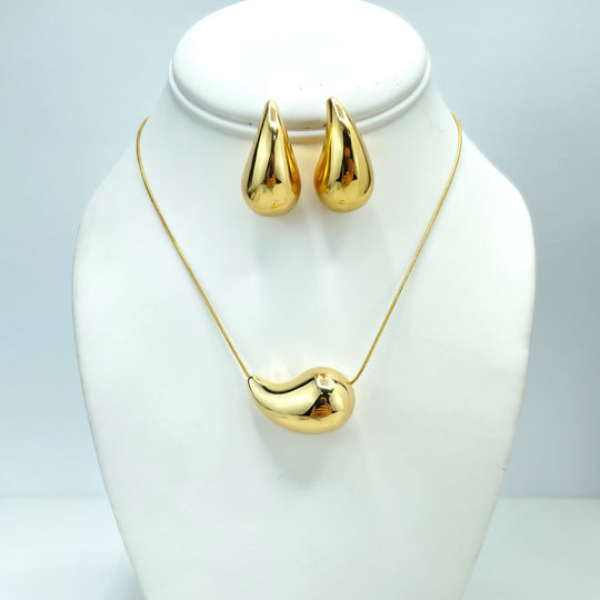 18k Gold Filled 31mm Gold Dome Earrings & Box Chain Necklace Set, Chunky Vintage Drop