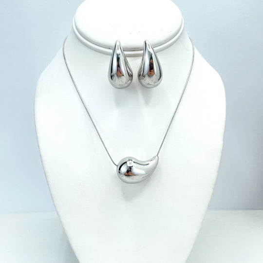 Silver Filled 31mm Gold Dome Earrings & Box Chain Necklace Set, Chunky Vintage Drop