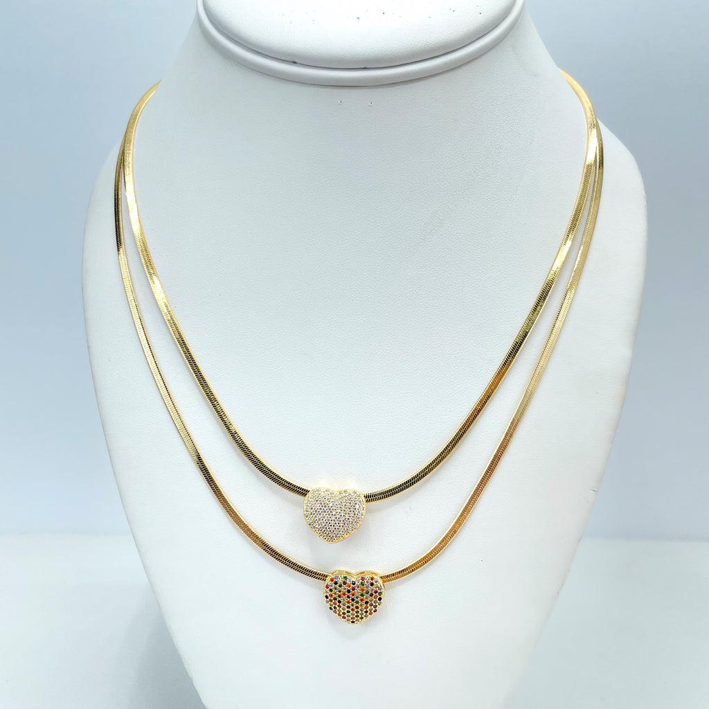 18k Gold Filled 2mm Snake Chain Necklace or Bracelet with Clear or MultiColor Micro CZ