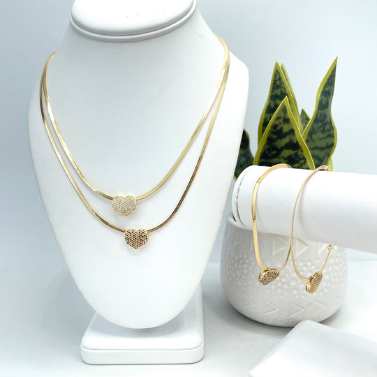 18k Gold Filled 2mm Snake Chain Necklace or Bracelet with Clear or MultiColor Micro CZ