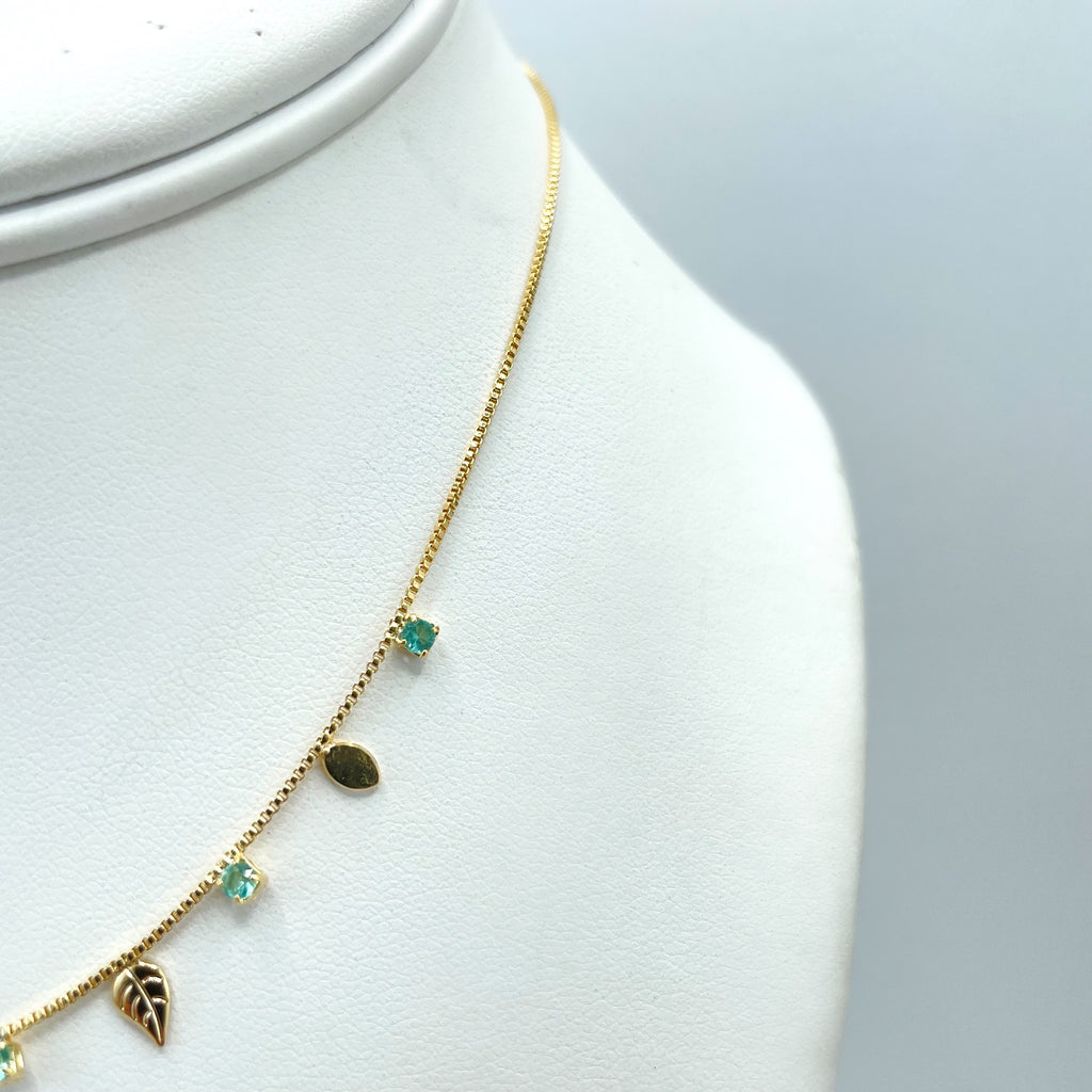 18k Gold Filled Fancy Choker with 1mm Box Chain, Dangle Leaves & Light Blue CZ Charms