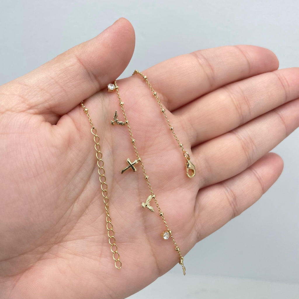 18k Gold Filled Fancy Religious Choker with Satellite Chain, Dangle Doves