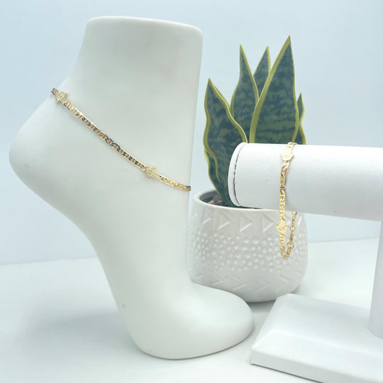18k Gold Filled 3mm Mariner Link Chain featuring Hamsa Hand Charms Bracelet OR Anklet