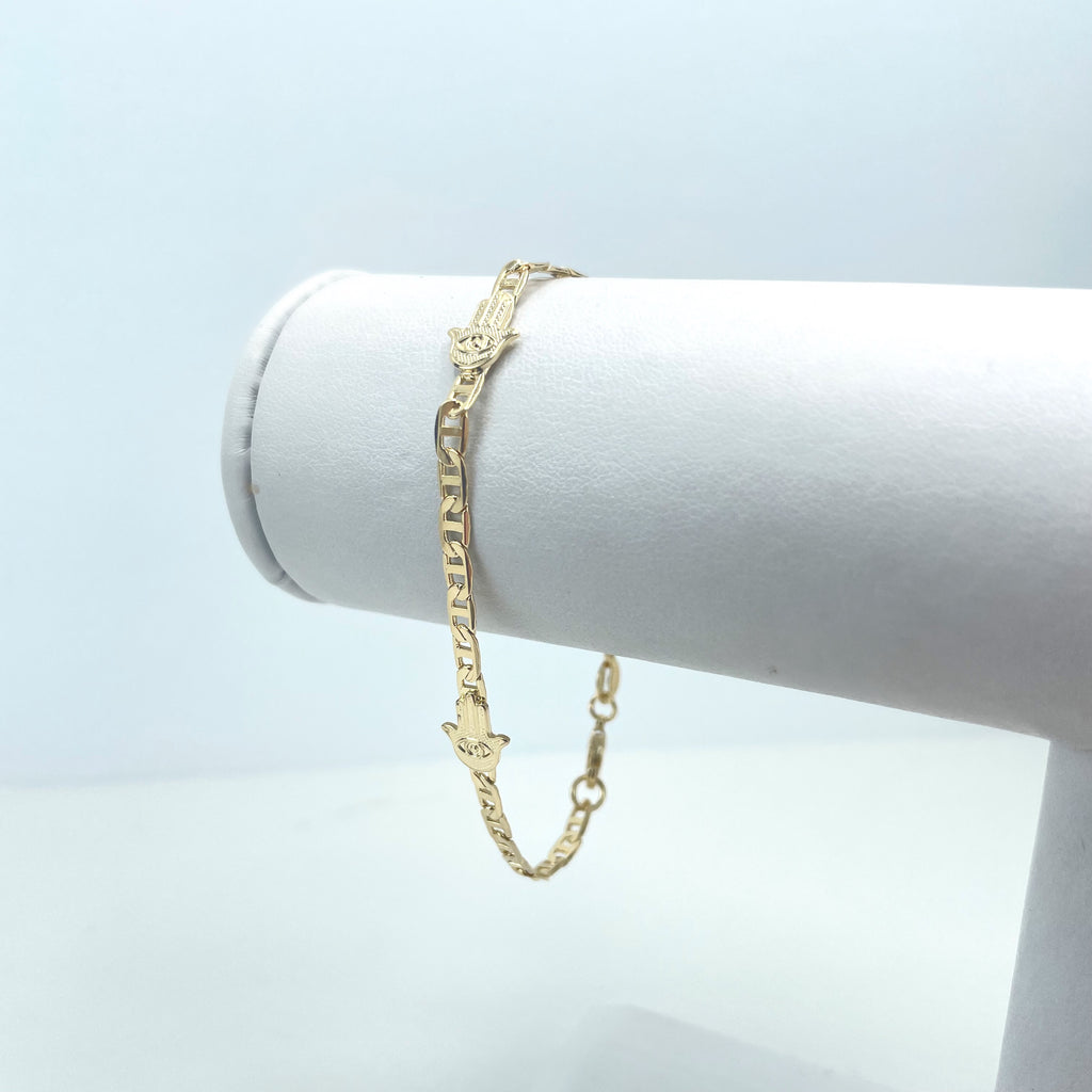 18k Gold Filled 3mm Mariner Link Chain featuring Hamsa Hand Charms Bracelet OR Anklet